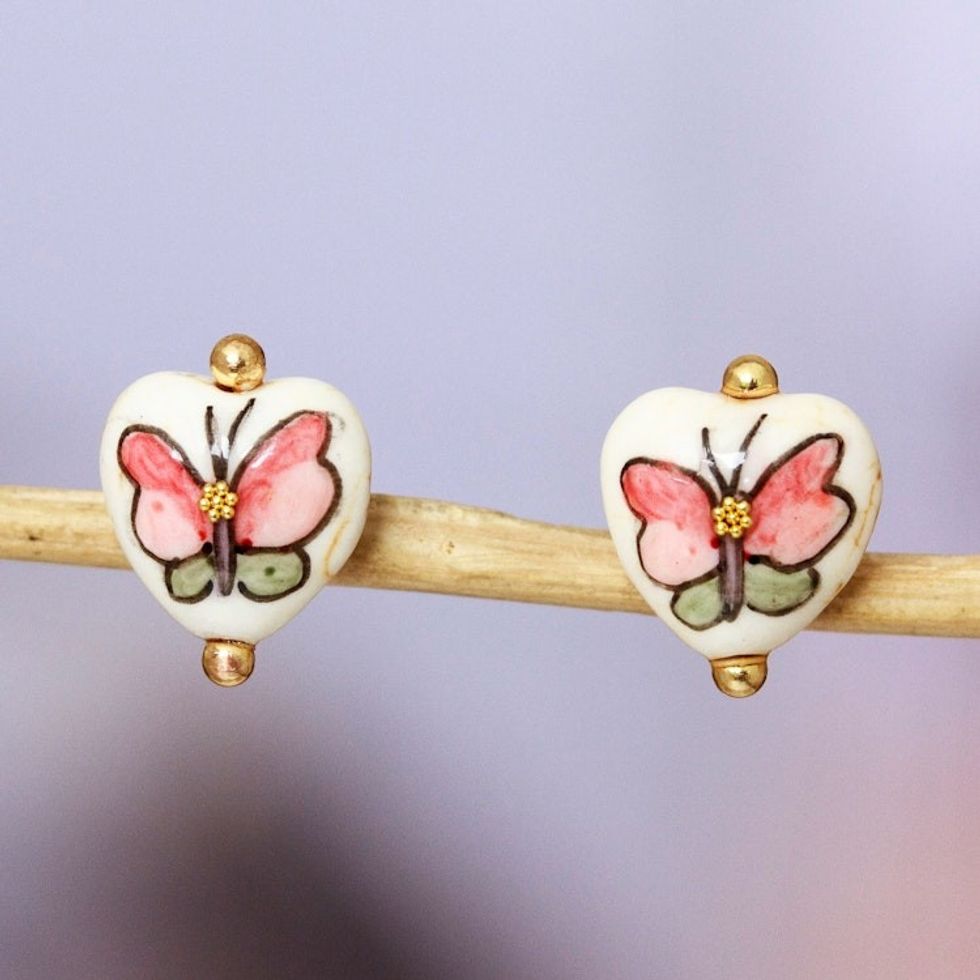 Gold-Accented Heart-Shaped Butterfly Howlite Stud Earrings 'Dulcet Hope'