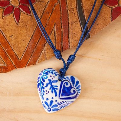 Alternate image for Blue  White Talavera Theme Papier Mache Heart Necklace Talavera Swallow