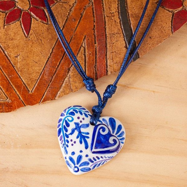 Alternate image for Blue White Talavera Theme Papier Mache Heart Necklace Talavera Swallow