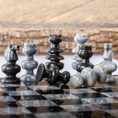 Alternate image for Hand Carved Grey Marble-Black Obsidian Chess Pieces Set Sophisticate