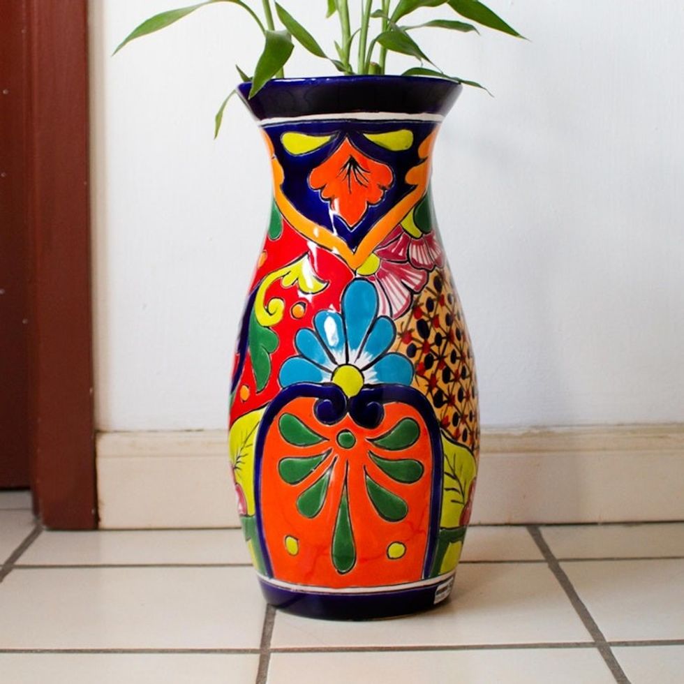 Curvy Talavera-Style Ceramic Vase Crafted in Mexico 'Colorful Curves'