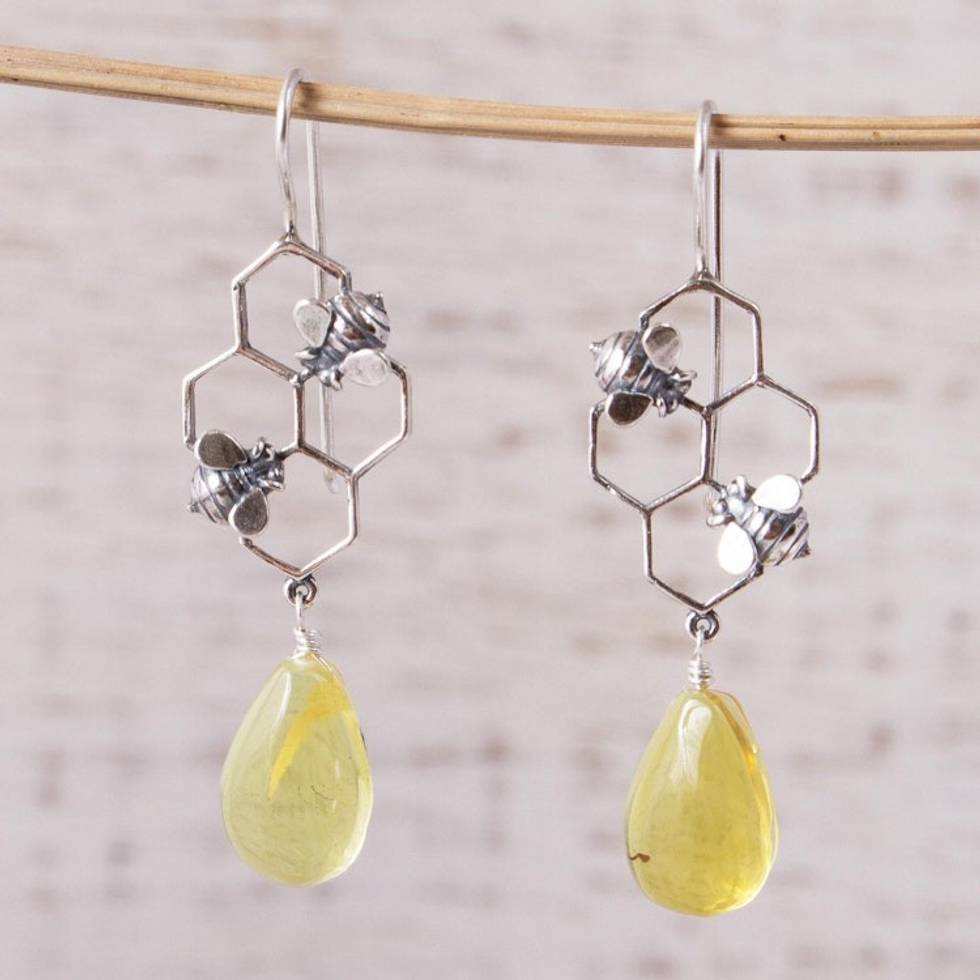 Amber Bumblebee Dangle Earrings from Mexico 'Busy Bees'