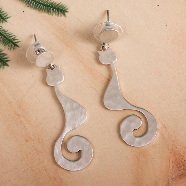 Alternate image for Cat-Themed Sterling Silver Dangle Earrings from Mexico Stylish Cats
