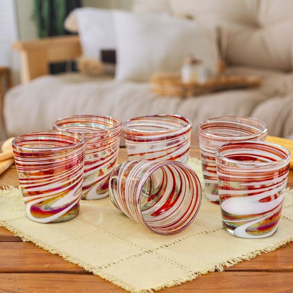 Set of 6 Eco-Friendly Red Handblown Rock Glasses 'Freshness Enchantment'