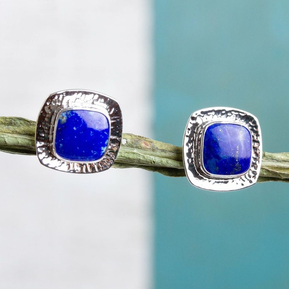 Square Lapis Lazuli Button Earrings from Mexico 'Watery Reflection'