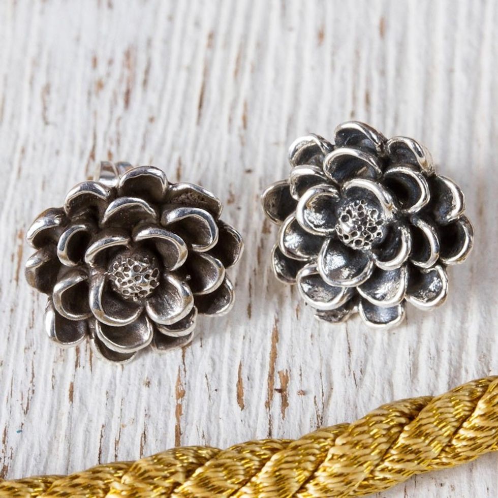 Taxco Sterling Silver Dahlia Flower Button Earrings 'Dahlia Elegance'