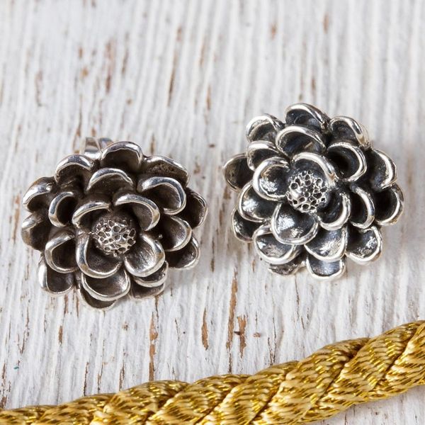 Alternate image for Taxco Sterling Silver Dahlia Flower Button Earrings Dahlia Elegance