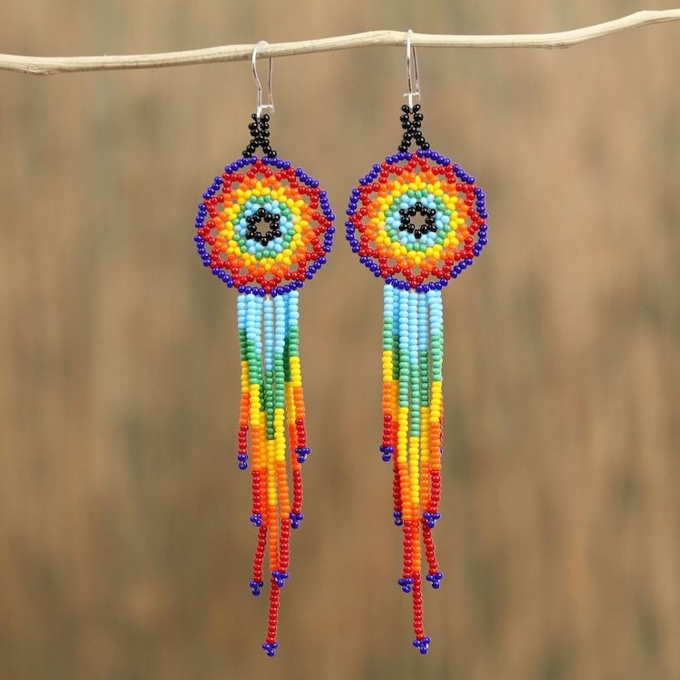 Huichol Multicolored Glass Beaded Earrings from Mexico 'Colorful Huichol Circles'