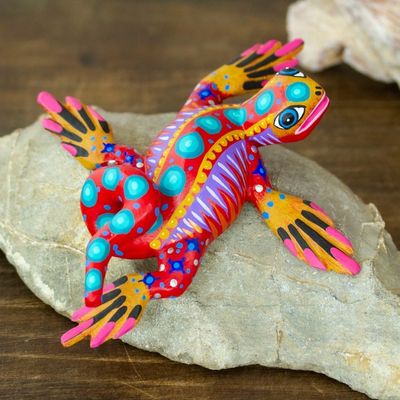 Alternate image for Hand-Painted Strawberry Copal Wood Alebrije Iguana Figurine Iguana Steps in Strawberry