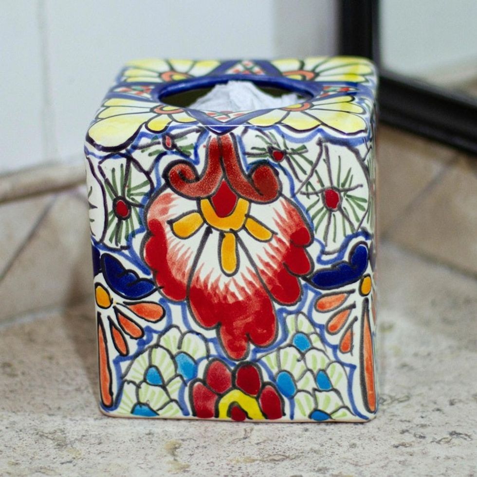 Talavera-Style Ceramic Tissue Box Cover 'Talavera Flowers'