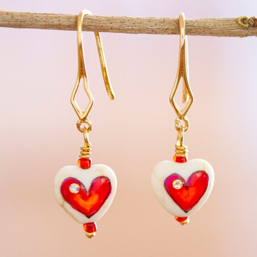 14k Gold-Plated Dangle Earrings with Heart-Shaped Howlite 'Creative Love'