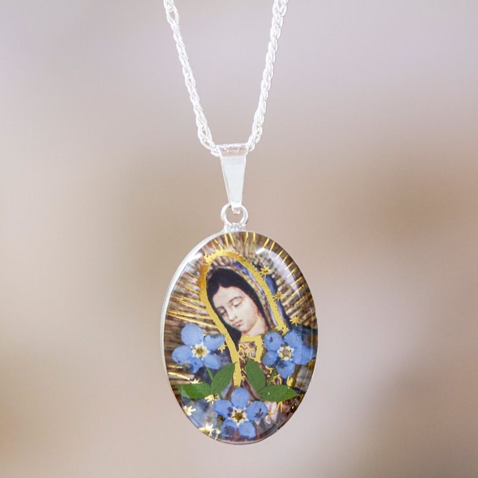 Our Lady of Guadalupe Pendant Necklace with Natural Flowers 'Guadalupe's Bouquet'