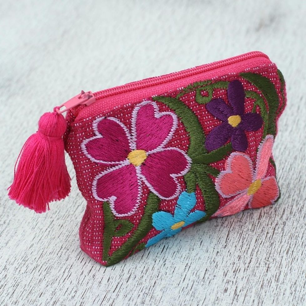 Cotton Colorful Embroidered Floral Motif Coin Purse 'Garden of Treasures'