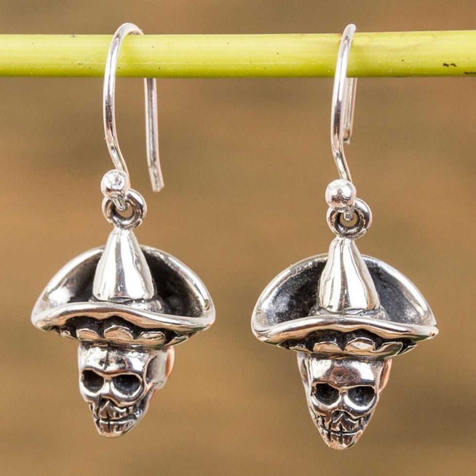 Sterling Silver Day of the Dead Dangle Earrings from Mexico 'Horseman Catrin'