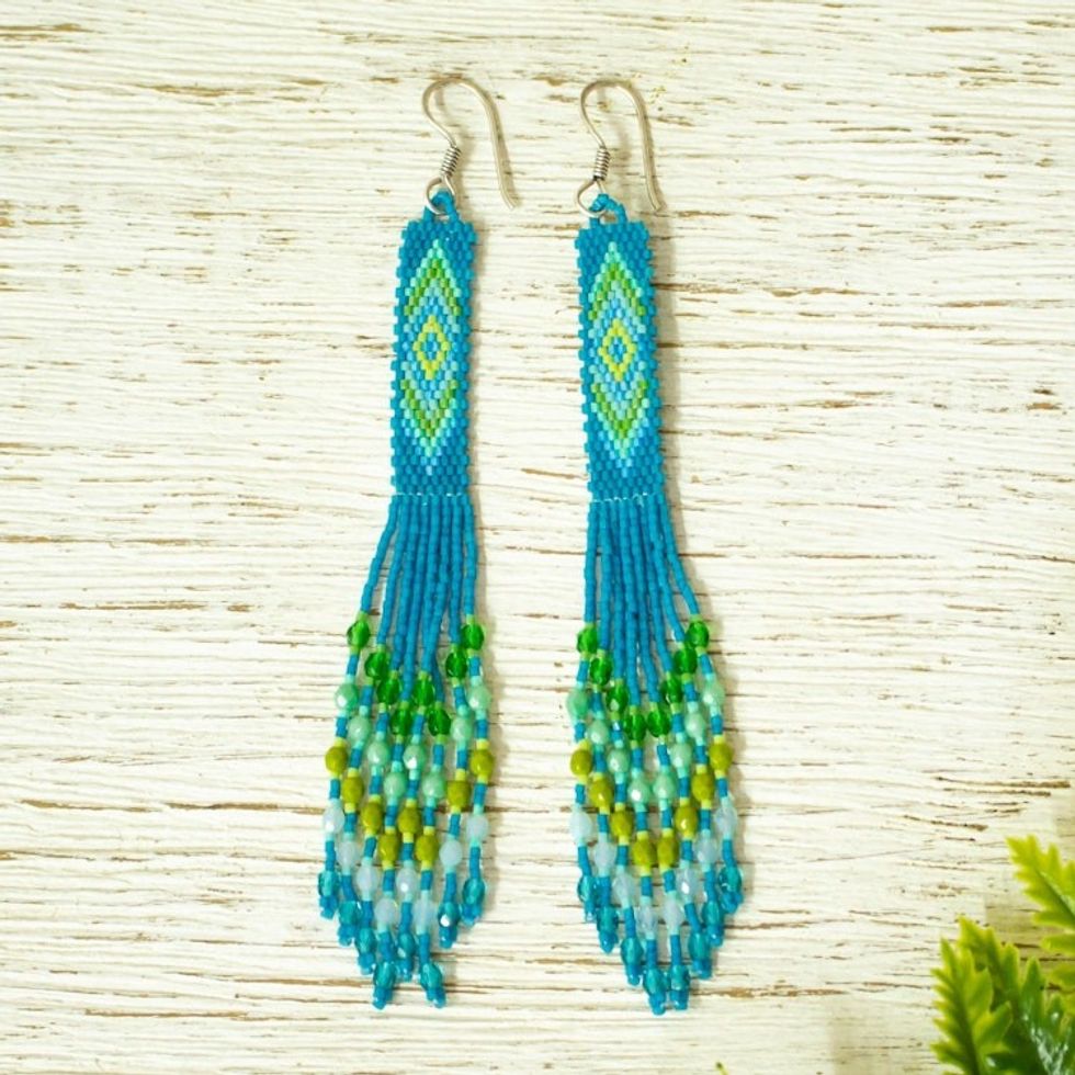 Handcrafted Peacock Blue Beadwork Huichol Waterfall Earrings 'Blue Diamond Talisman'