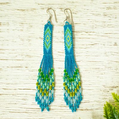 Alternate image for Handcrafted Peacock Blue Beadwork Huichol Waterfall Earrings Blue Diamond Talisman