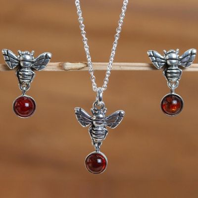 Alternate image for Amber and Sterling Silver Necklace and Earrings With Bees Delivering Honey