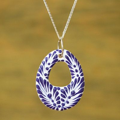 Alternate image for Ceramic Puebla-Style Blue Floral Egg-Shaped Pendant Necklace Indigo Morning