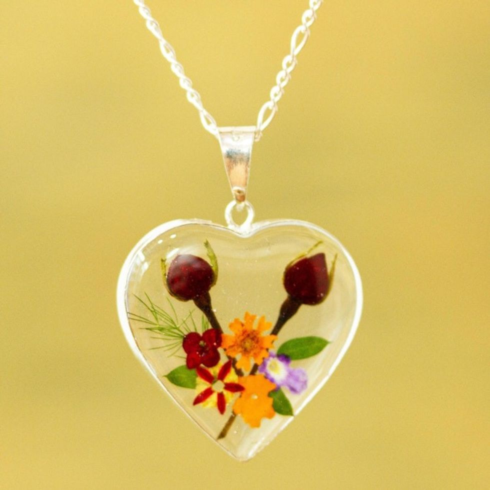 Heart-Shaped Natural Flower Pendant Necklace from Mexico 'Flowering Heart'