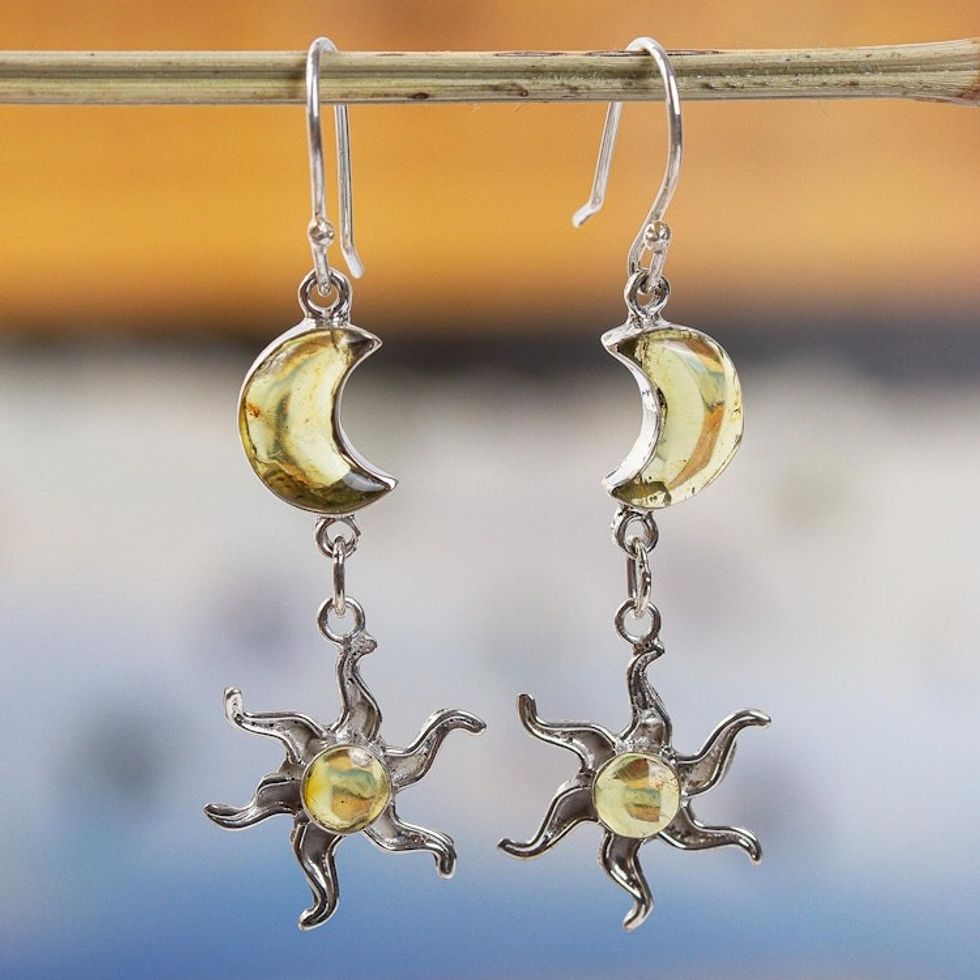 Sun and Moon Amber Dangle Earrings 'Ancient Sun and Moon'