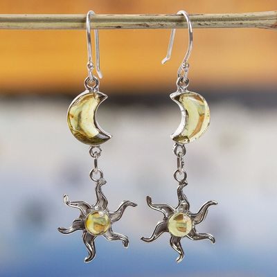 Alternate image for Sun and Moon Amber Dangle Earrings Ancient Sun and Moon