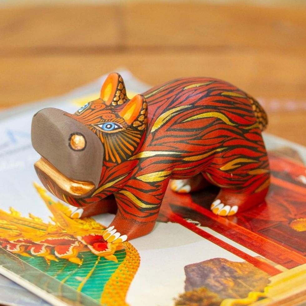 Mexican Hand-Painted Wood Alebrije Hippo Figurine in Brown 'Cute Hippo in Brown'