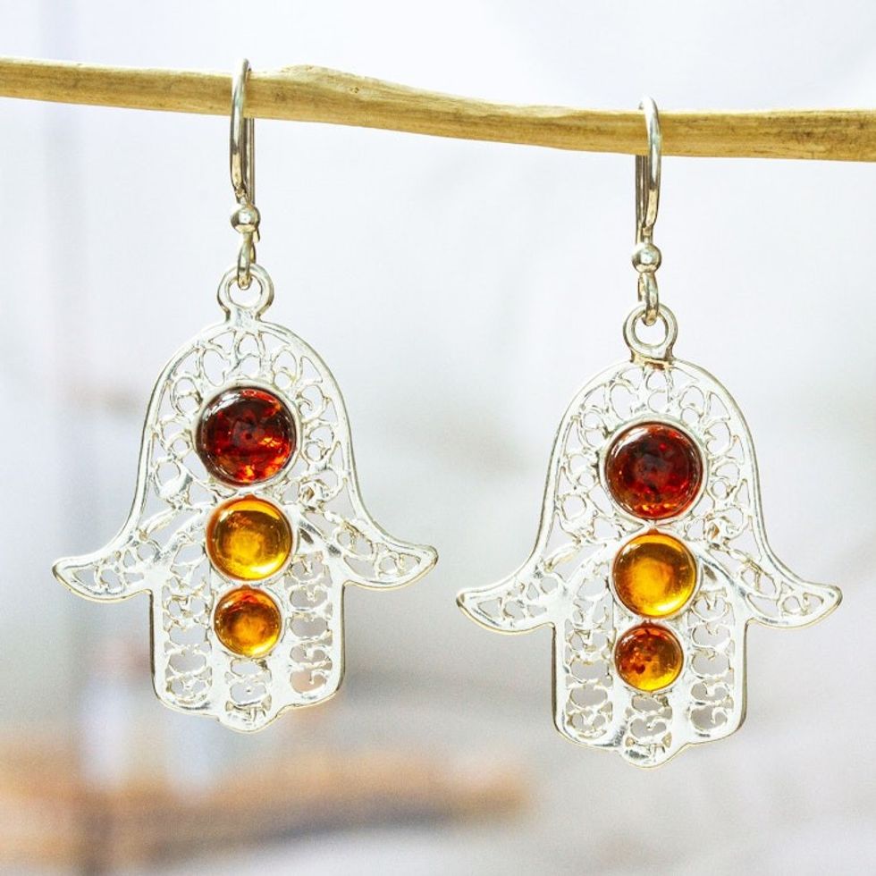 925 Sterling Silver and Amber Hamsa Dangle Earrings 'Warm Hand of Fatima'