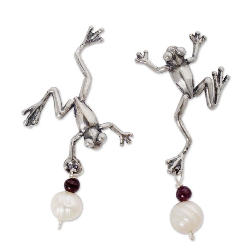 Mexican Artisan Silver Earrings with Pearls and Garnet 'Whimsical Frogs'