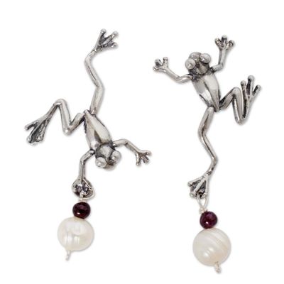Alternate image for Mexican Artisan Silver Earrings with Pearls and Garnet Whimsical Frogs