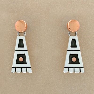 Alternate image for Collectible Taxco Silver Copper Dangle Earrings from Mexico Aztec Domino