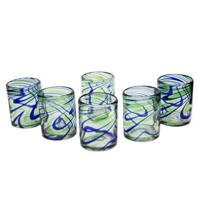 Alternate image for Set of 6 Hand Made Blown Glass Rocks Glass in Blue and Green Elegant Energy