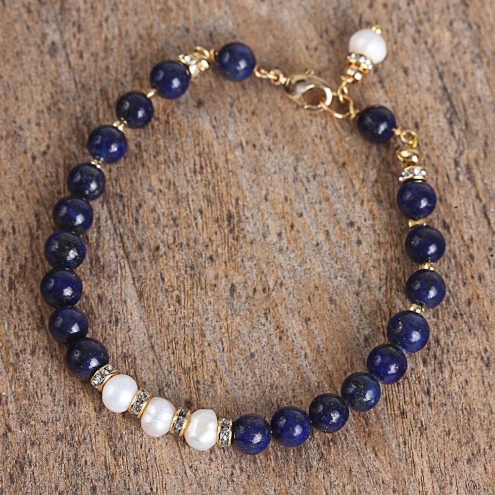 Gold Accent Cultured Pearl and Lapis Beaded Pendant Bracelet 'Midnight Moonrise'