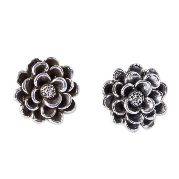 Alternate image for Taxco Sterling Silver Dahlia Flower Button Earrings Dahlia Elegance