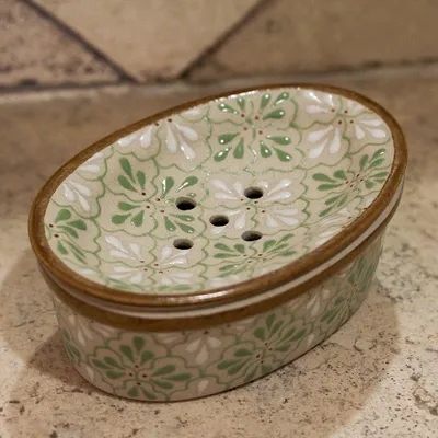 Alternate image for Handcrafted Green and White Floral Motif Ceramic Soap Dish Sweet Meadow