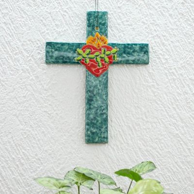 Alternate image for Signed Colorful Ceramic Wall Cross from Mexico Heart of Faith