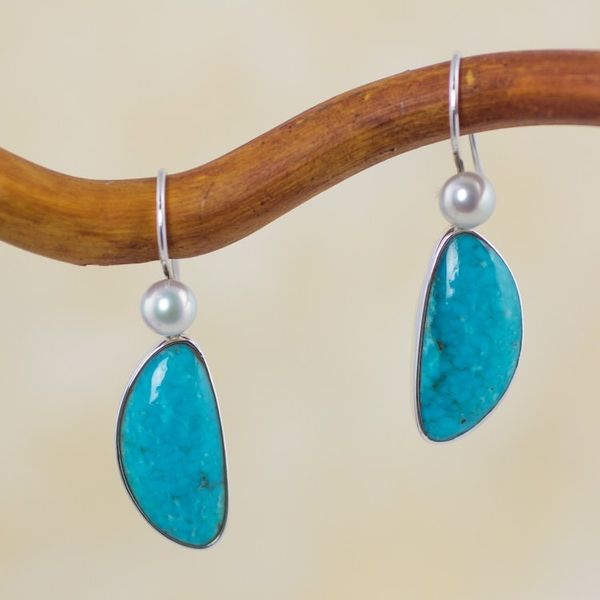 Alternate image for Natural Turquoise and Pearl Mexican Earrings Blue Sky Dreams