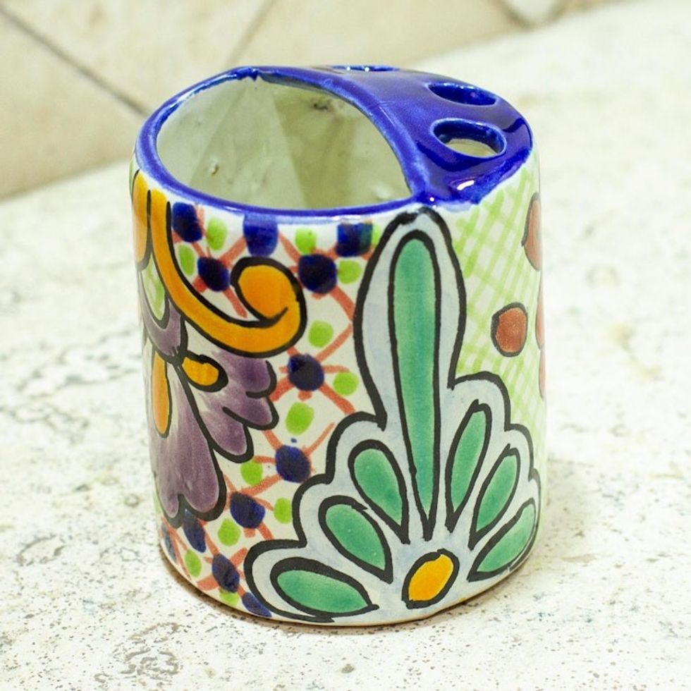 Green Dominant Talavera Style Toothbrush Holder from Mexico 'Hidalgo Bouquet'