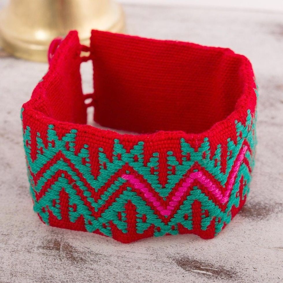 Crimson and Viridian Cotton Wristband Bracelet from Mexico 'Desert Mysteries'