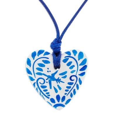 Alternate image for Talavera Style Blue  White Bird Papier Mache Heart Necklace Blue Talavera