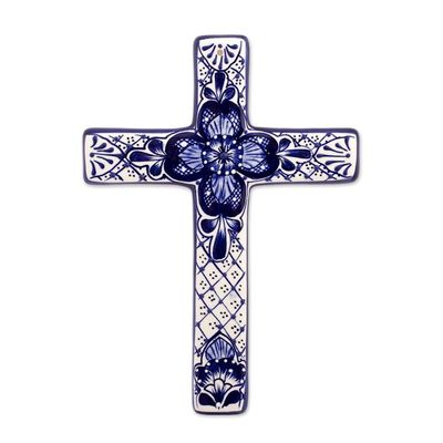 Alternate image for Hand Crafted Talavera Style Ceramic Wall Cross from Mexico Talavera Flower