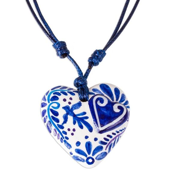 Alternate image for Blue White Talavera Theme Papier Mache Heart Necklace Talavera Swallow