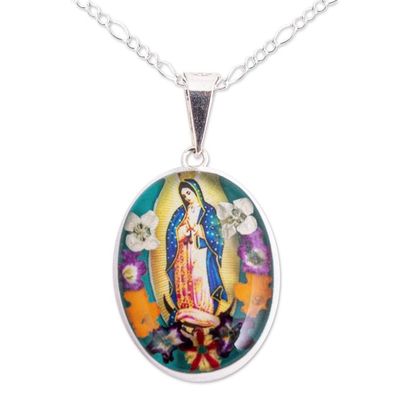 Alternate image for Religious Natural Flower Pendant Necklace from Mexico Floral Guadalupe