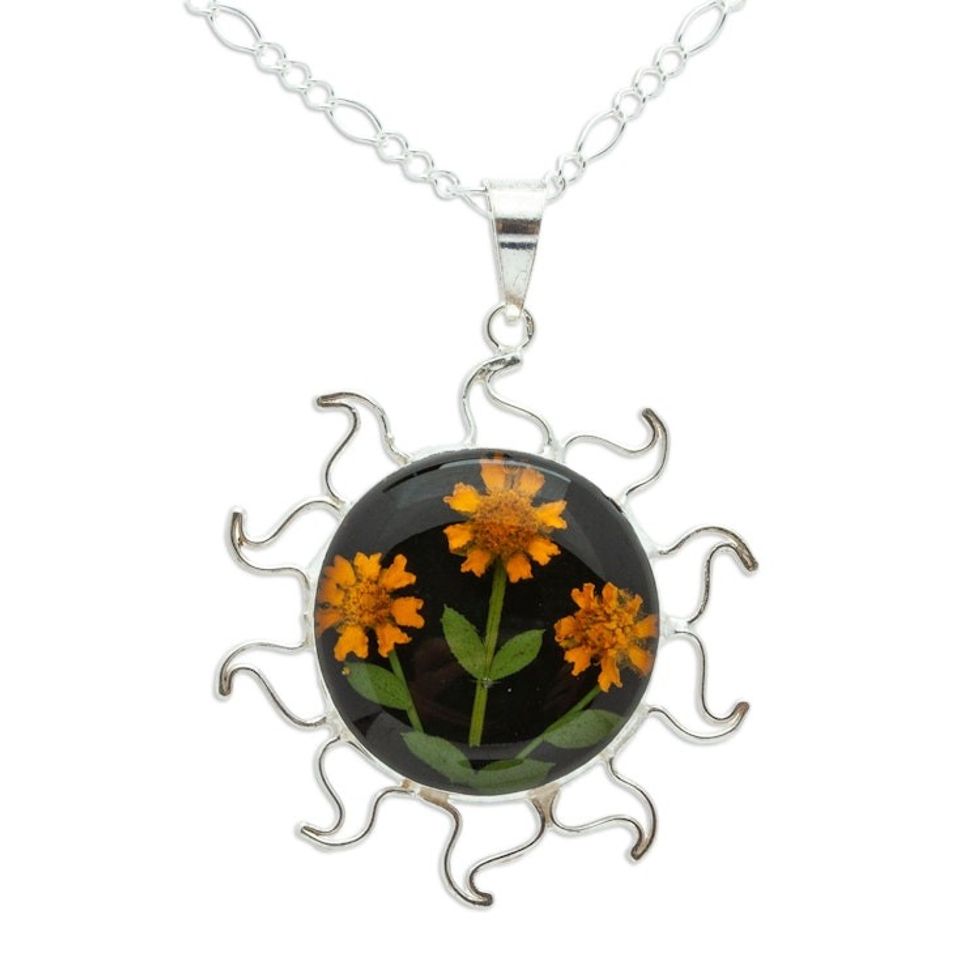 Natural Flower Sunflower Pendant Necklace from Mexico 'Sunny Sunflowers'