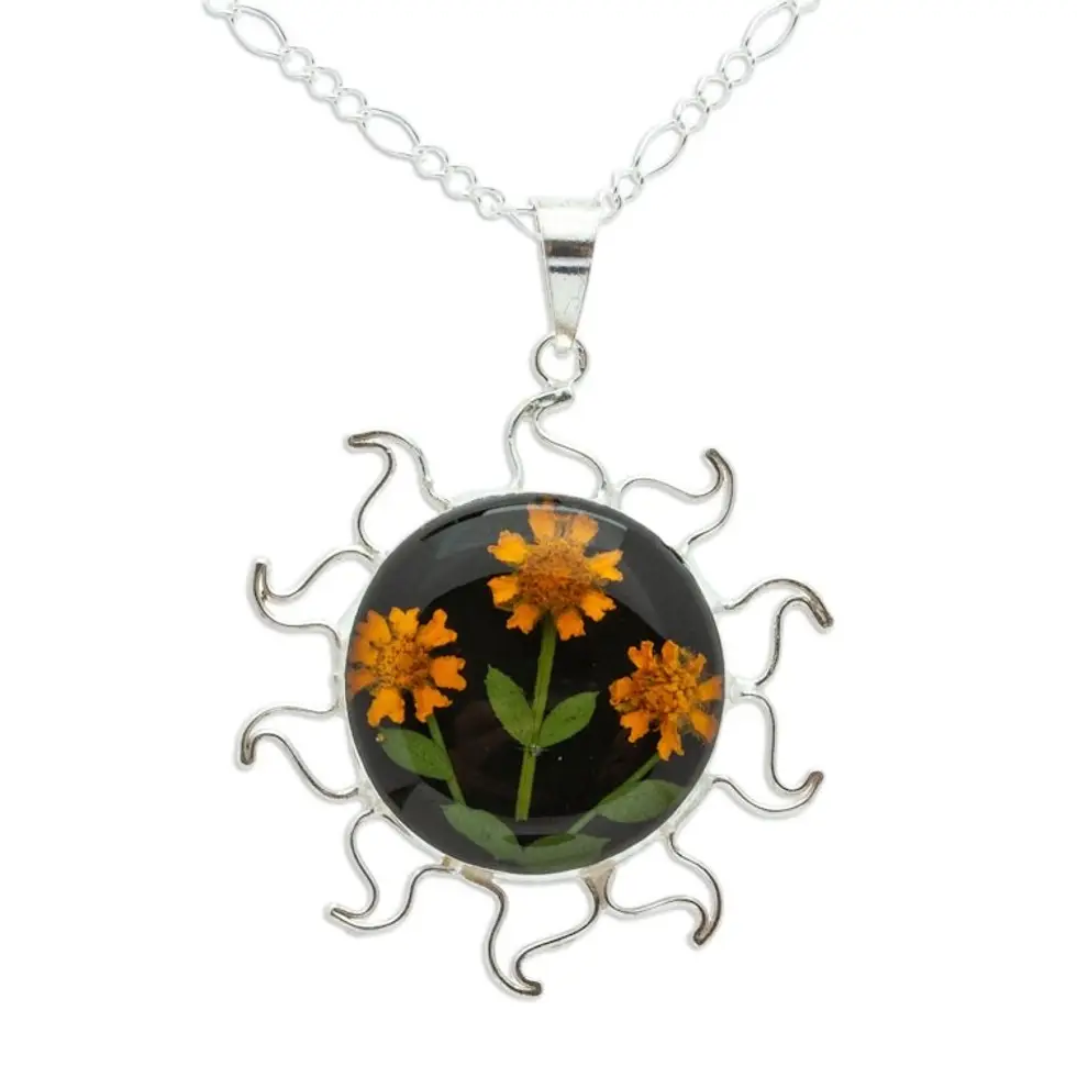 Natural Flower Sunflower Pendant Necklace from Mexico 'Sunny Sunflowers'
