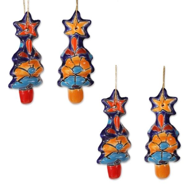 Alternate image for Christmas Tree Talavera Ceramic Ornaments Set of 4 Talavera Christmas Trees