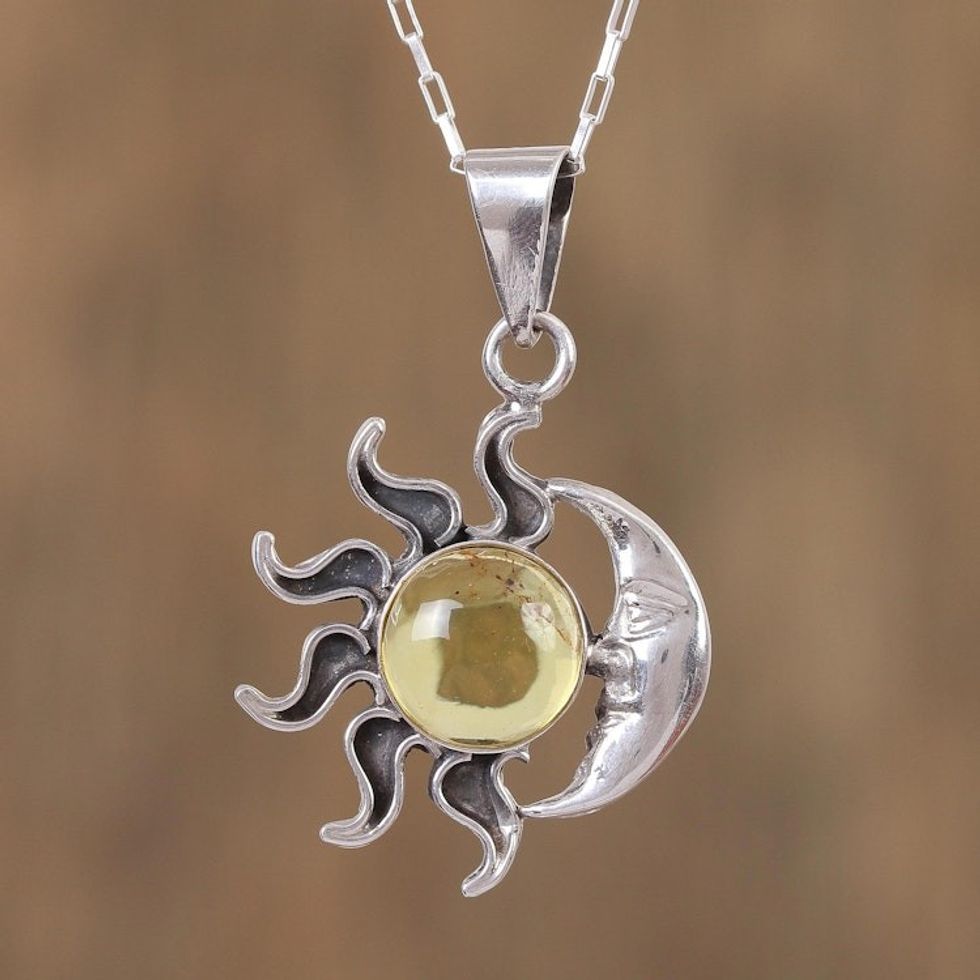 Sun and Moon Amber Pendant Necklace from Mexico 'Honey Eclipse'