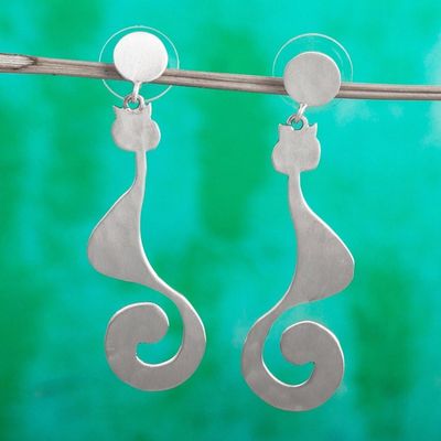 Alternate image for Cat-Themed Sterling Silver Dangle Earrings from Mexico Stylish Cats