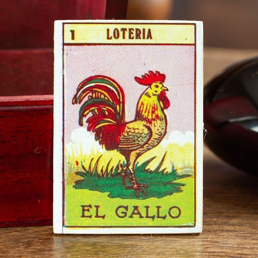 Decoupage Wooden Magnet With Mexican Loteria Card Motif 'The Rooster'