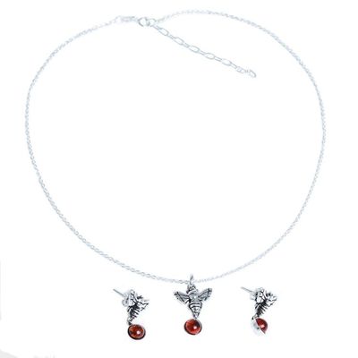 Alternate image for Amber and Sterling Silver Necklace and Earrings With Bees Delivering Honey