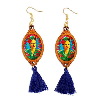 Alternate image for Handcrafted Frida Kahlo Wood Dangle Earrings Blue Tassels Frida with Roses